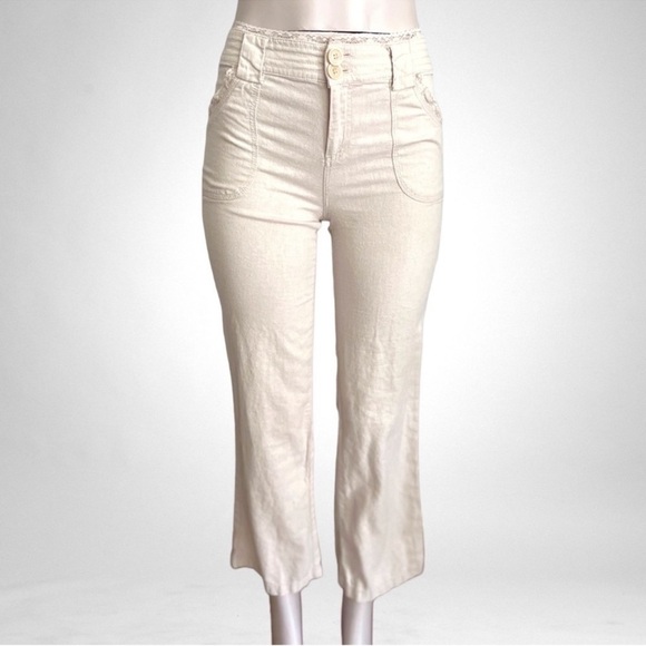 Y2K 90s Linen Blend High Waist Pants  Cropped Khaki SZ M - Picture 1 of 10